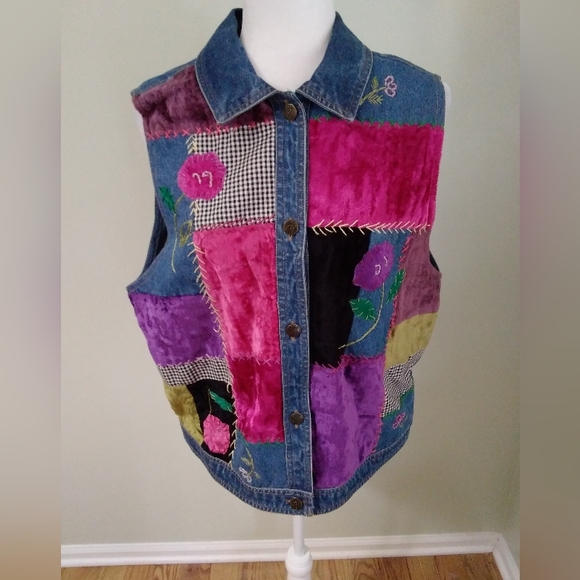 Susan Bristol Jackets & Blazers - Susan Bristol Patchwork Denim Embroidered Vest